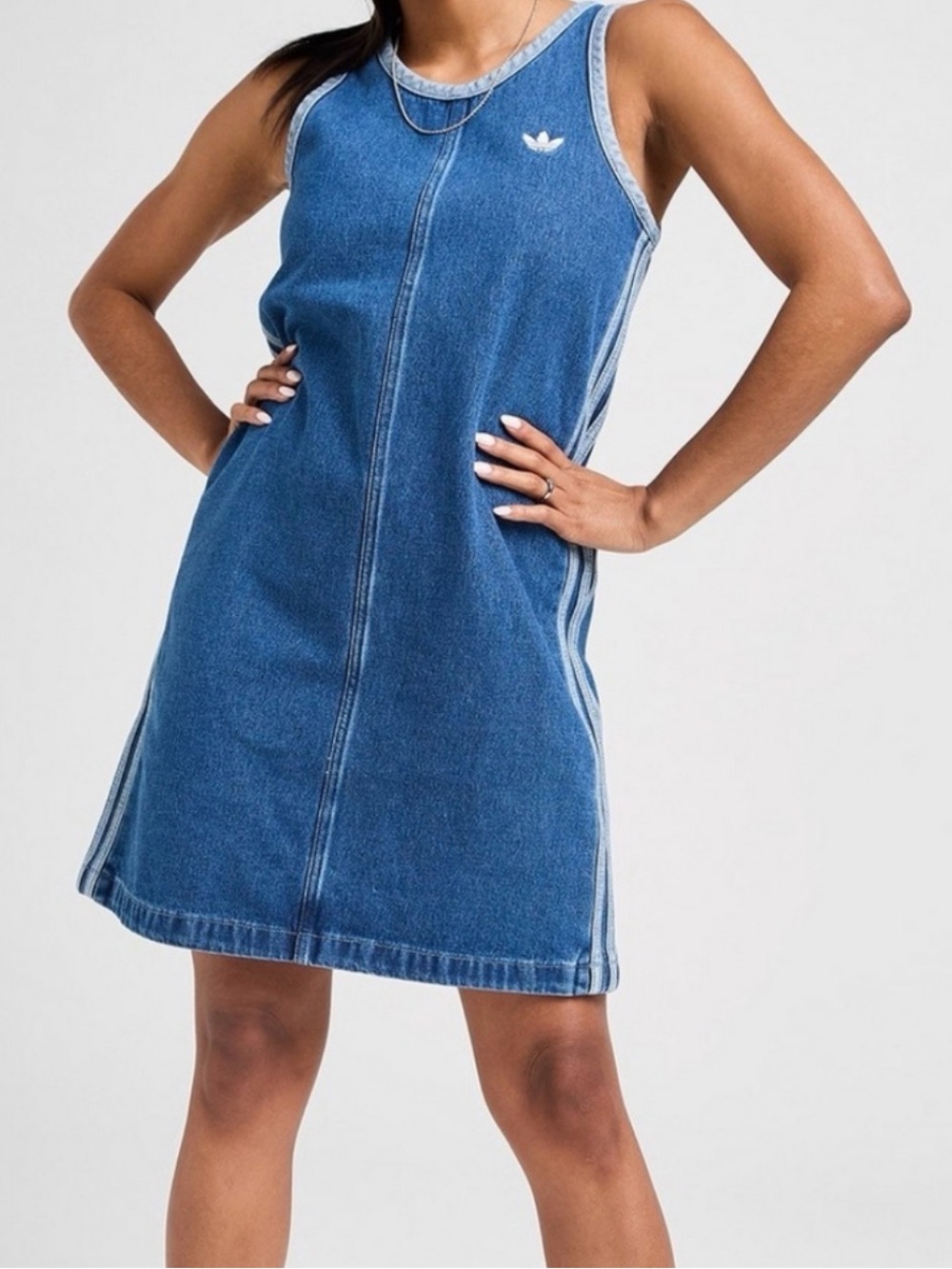 adidas Blue Denim Sleeveless A-Line Dress with Side Stripes